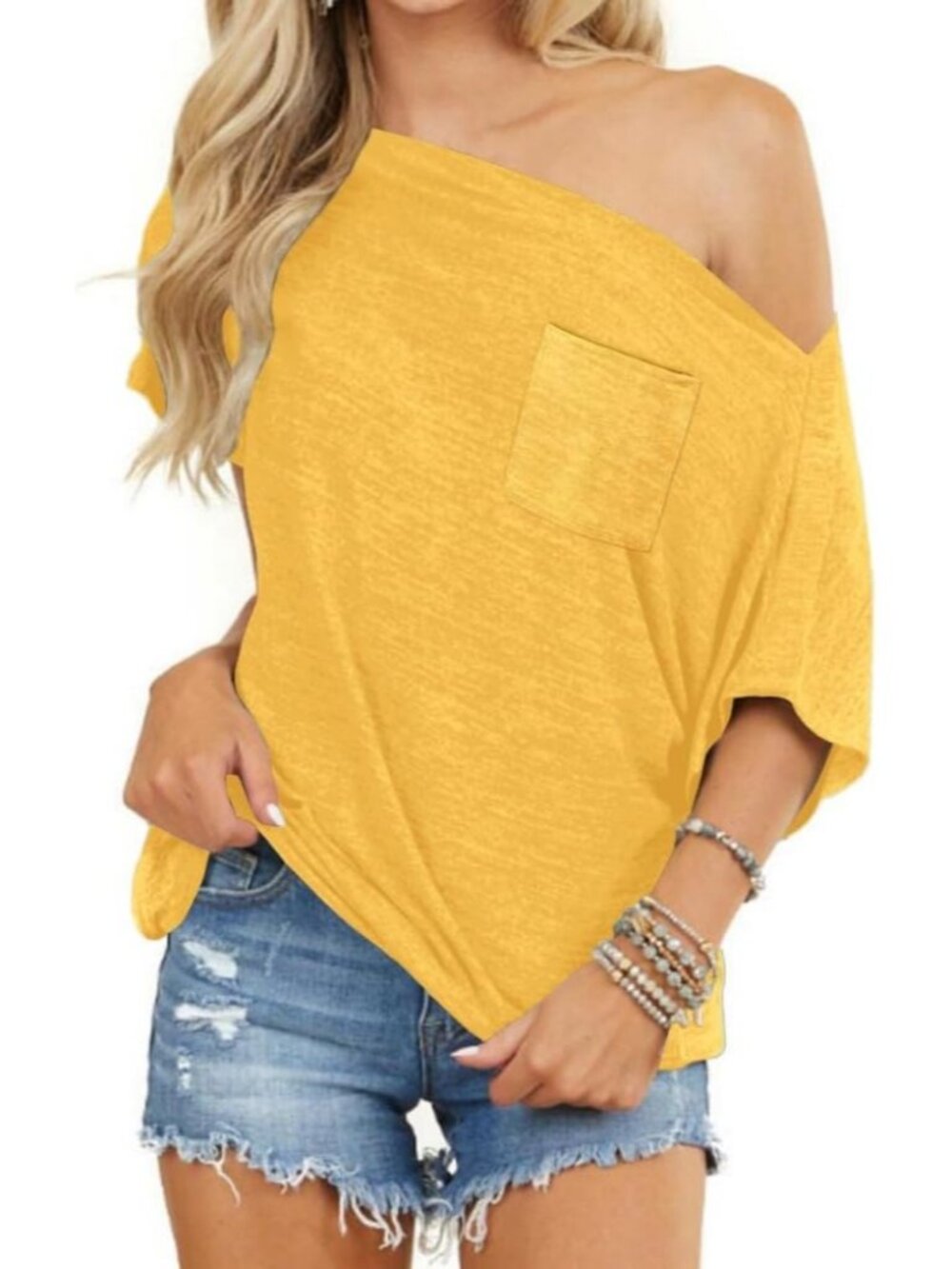 Women's Yellow Off the Shoulder Short Sleeve Shirt Batwing Casual Tunic Tops